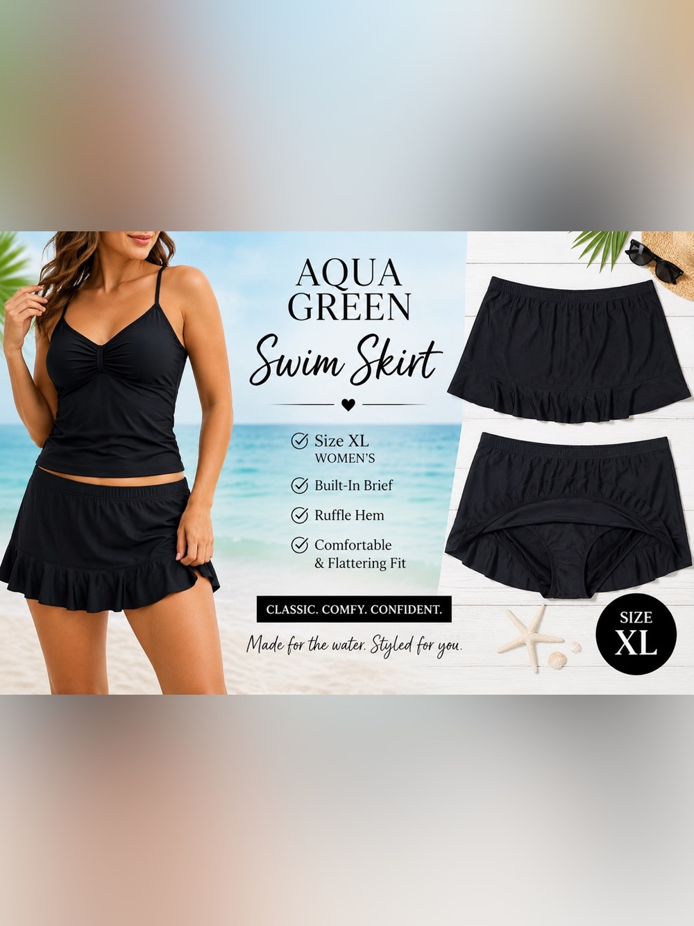 Aqua Green Swim Skirt Womens XL Black Ruffle Hem Built In Brief Swimsuit Bottom
